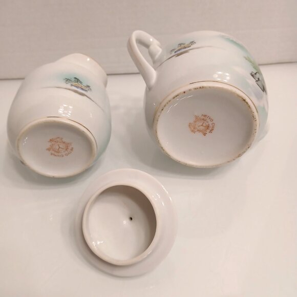 Vintage Nippon Hand Painted China Double Handle Sugar Bowl With Lid & Creamer - Picture 11 of 13